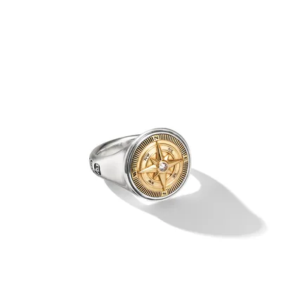 Maritime® Compass Signet Ring in Sterling Silver with 18K Yellow Gold and Center Diamond