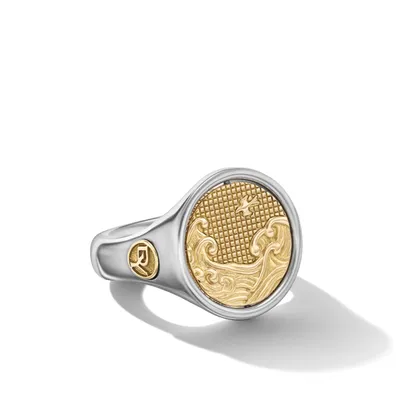 Water and Fire Duality Signet Ring in Sterling Silver with 18K Yellow Gold