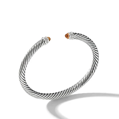 Classic Cable Bracelet in Sterling Silver with Citrine and Diamonds, 5mm