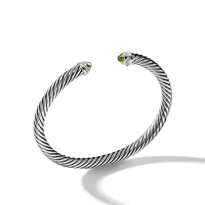 Classic Cable Bracelet in Sterling Silver with Peridot and Diamonds, 5mm