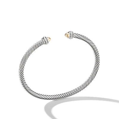 Classic Cable Bracelet in Sterling Silver with 18K Yellow Gold Domes and Diamonds, 4mm