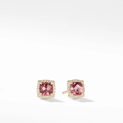 Petite Chatelaine Pavé Bezel Stud Earrings in 18K Yellow Gold with Pink Tourmaline and Diamonds, 5mm