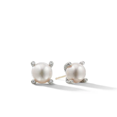 Pearl Stud Earrings in Sterling Silver with Pearls and Diamonds, 14mm