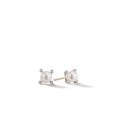 Pearl Stud Earrings in Sterling Silver with Pearls and Diamonds, 7.4mm