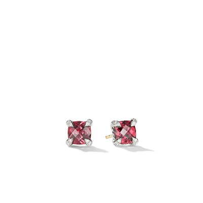 Petite Chatelaine Stud Earrings in Sterling Silver with Rhodolite Garnet and Diamonds, 6mm