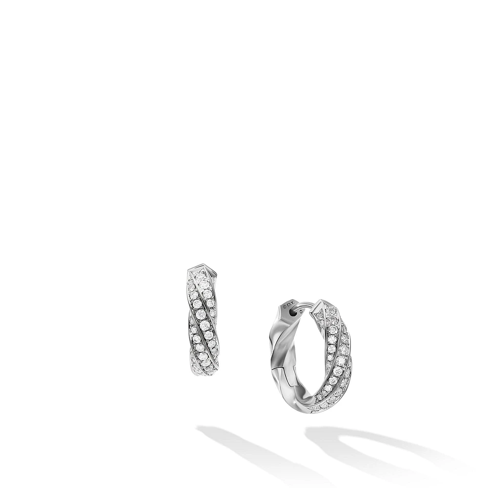 Cable Edge Huggie Hoop Earrings in Sterling Silver with Diamonds, 13mm