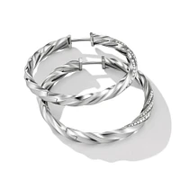 Cable Edge Hoop Earrings in Sterling Silver with Diamonds, 1.5in