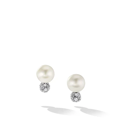 Pearl and Pavé Solari Stud Earrings in Sterling Silver with Pearls and Diamonds, 13mm