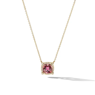 Petite Chatelaine Pavé Bezel Pendant Necklace in 18K Yellow Gold with Pink Tourmaline and Diamonds, 7mm