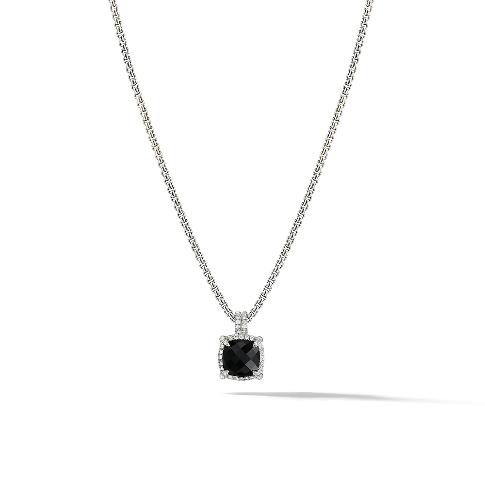 Chatelaine Pavé Bezel Pendant Necklace in Sterling Silver with Black Onyx and Diamonds, 9mm