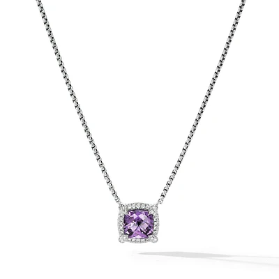 Petite Chatelaine Pavé Bezel Pendant Necklace in Sterling Silver with Amethyst and Diamonds, 7mm