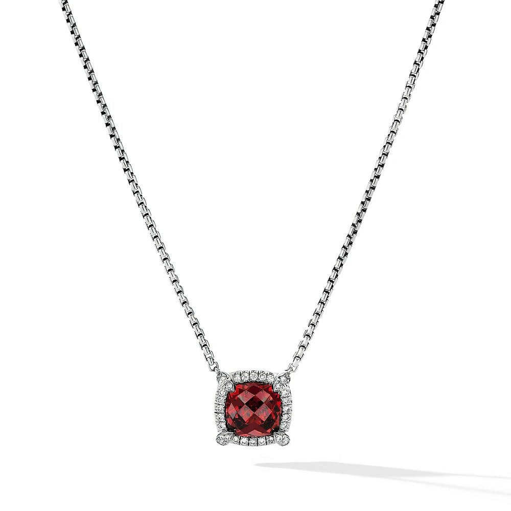 Petite Chatelaine Pavé Bezel Pendant Necklace in Sterling Silver with Rhodolite Garnet and Diamonds, 7mm