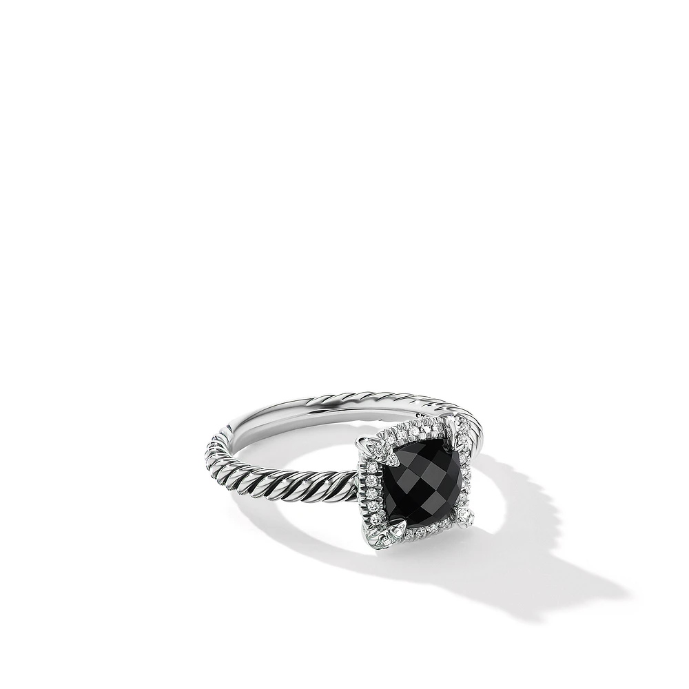 Petite Chatelaine Pavé Bezel Ring in Sterling Silver with Black Onyx and Diamonds, 7mm