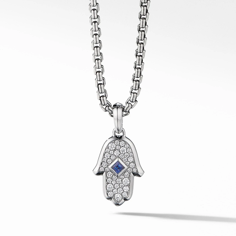 Hamsa Amulet in 18K White Gold with Pavé Diamonds and Blue Sapphire, 26mm