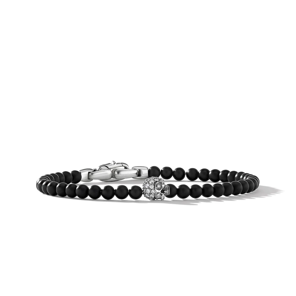 Memento Mori Skull Station Bracelet in Sterling Silver with Black Onyx and Diamonds