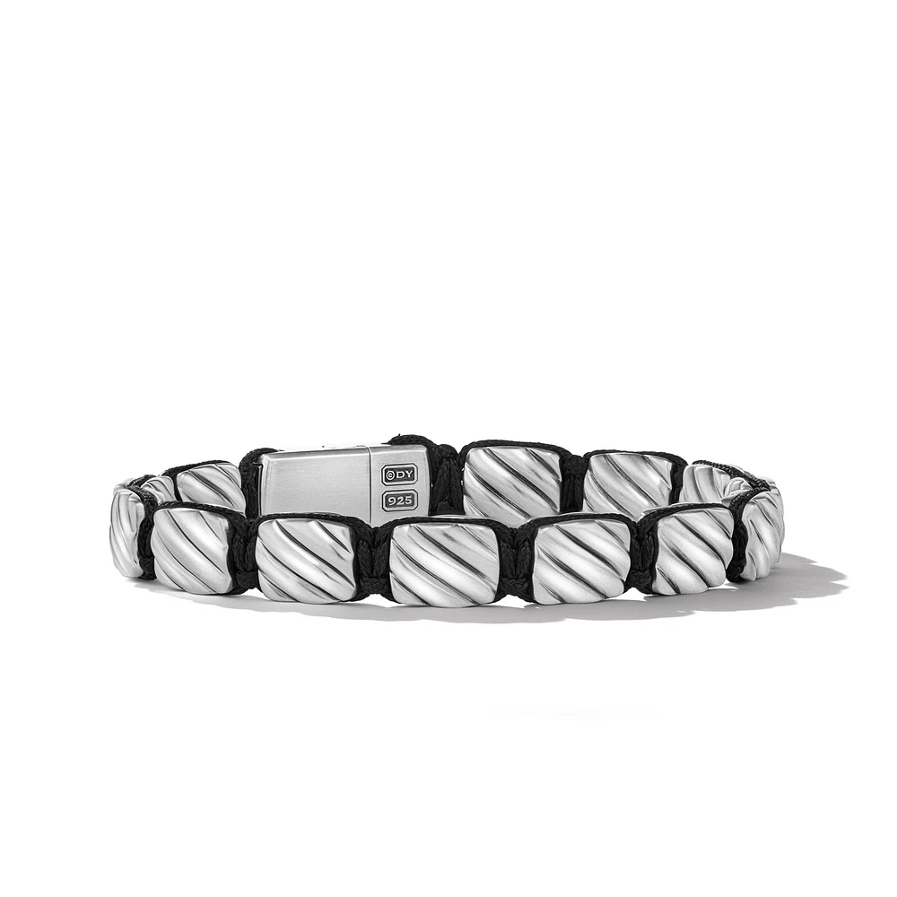 Sculpted Cable Woven Tile Bracelet with Sterling Silver and Black Nylon