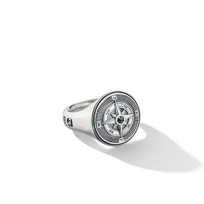 Maritime Compass Signet Ring in Sterling Silver with Center Black Diamond