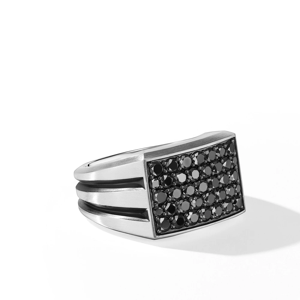 Deco Signet Ring in Sterling Silver with Black Diamonds, 14.8mm