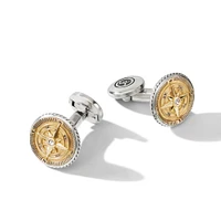 Maritime Compass Cufflinks in Sterling Silver with 18K Yellow Gold and Center Diamond, 16mm