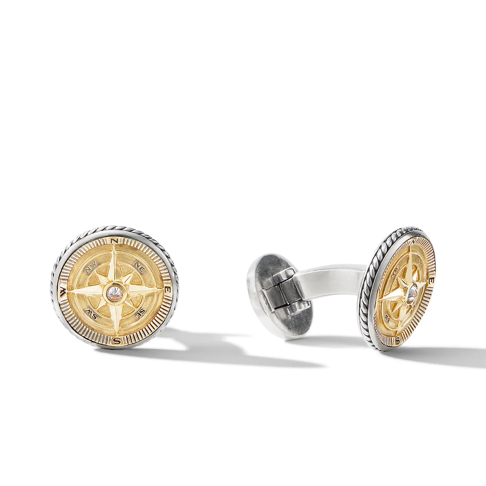 Maritime Compass Cufflinks in Sterling Silver with 18K Yellow Gold and Center Diamond, 16mm