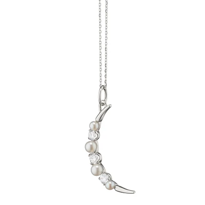 Sterling Silver White Sapphire and Pearl Moon Charm Necklace