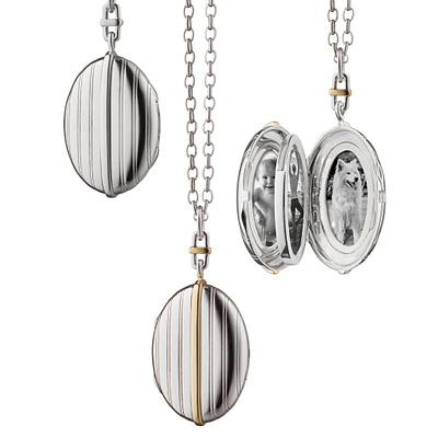 Lines & Strips Two-Tone Four Images Locket Necklace Length 32"