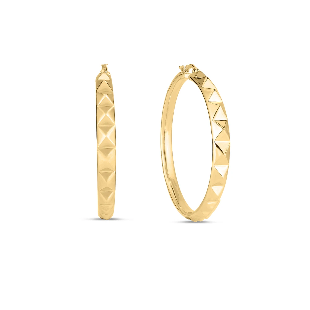 18K YELLOW DESIGNER GOLD PYRAMID HOOP EARRINGS