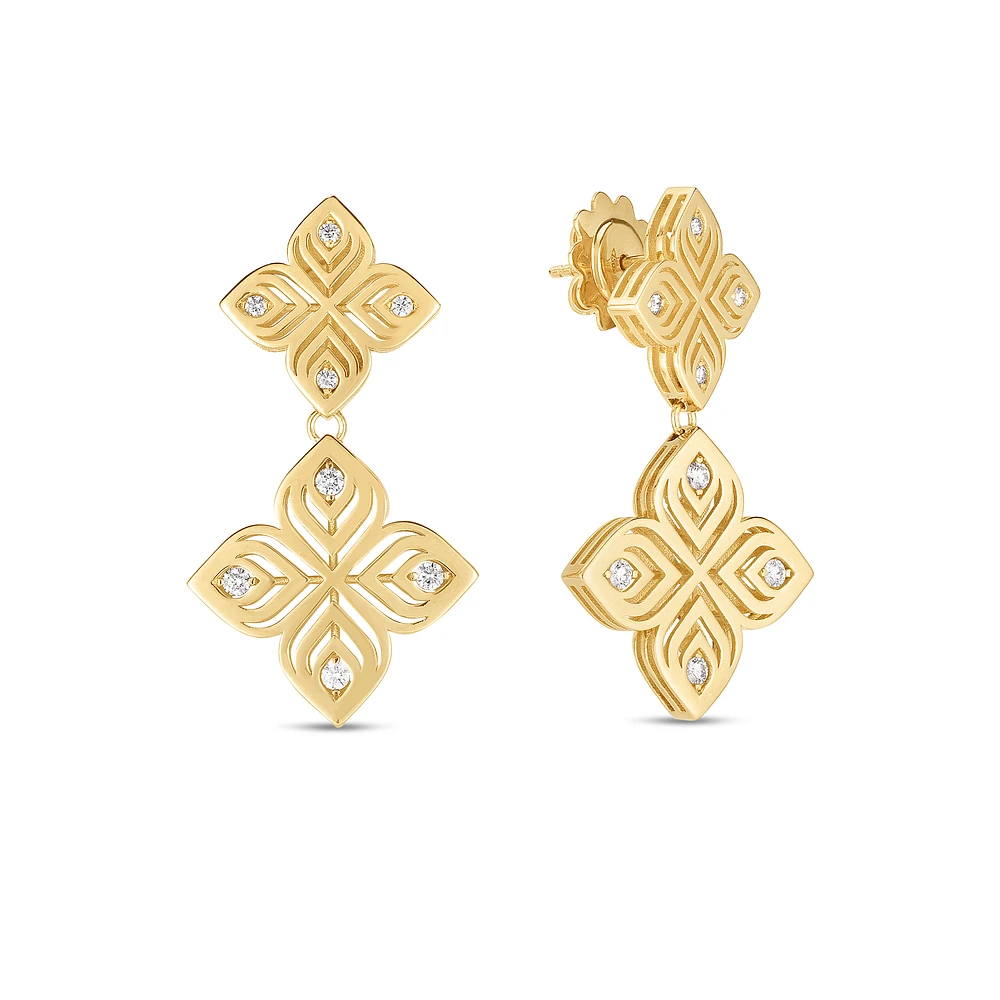 18K YELLOW GOLD ARABESQUE DOUBLE DIAMOND FLOWER DANGLE EARRINGS