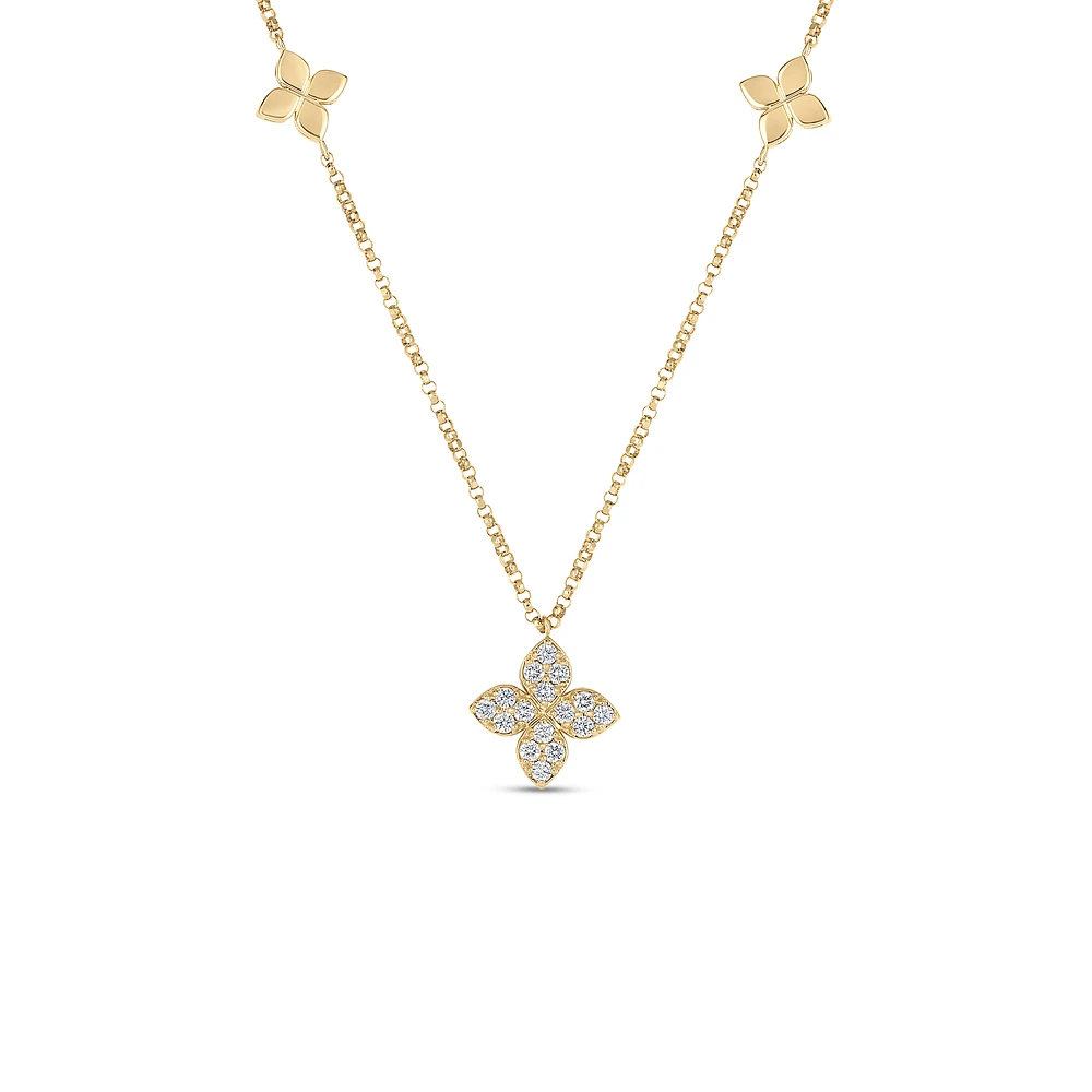 18K Yellow Gold Love By The Inch Diamond & Polish Flower Station Necklace