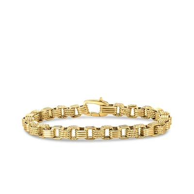 18K YELLOW DESIGNER GOLD ALTERNATING RIDGED & FLUTED SQUARE LINK BRACELET