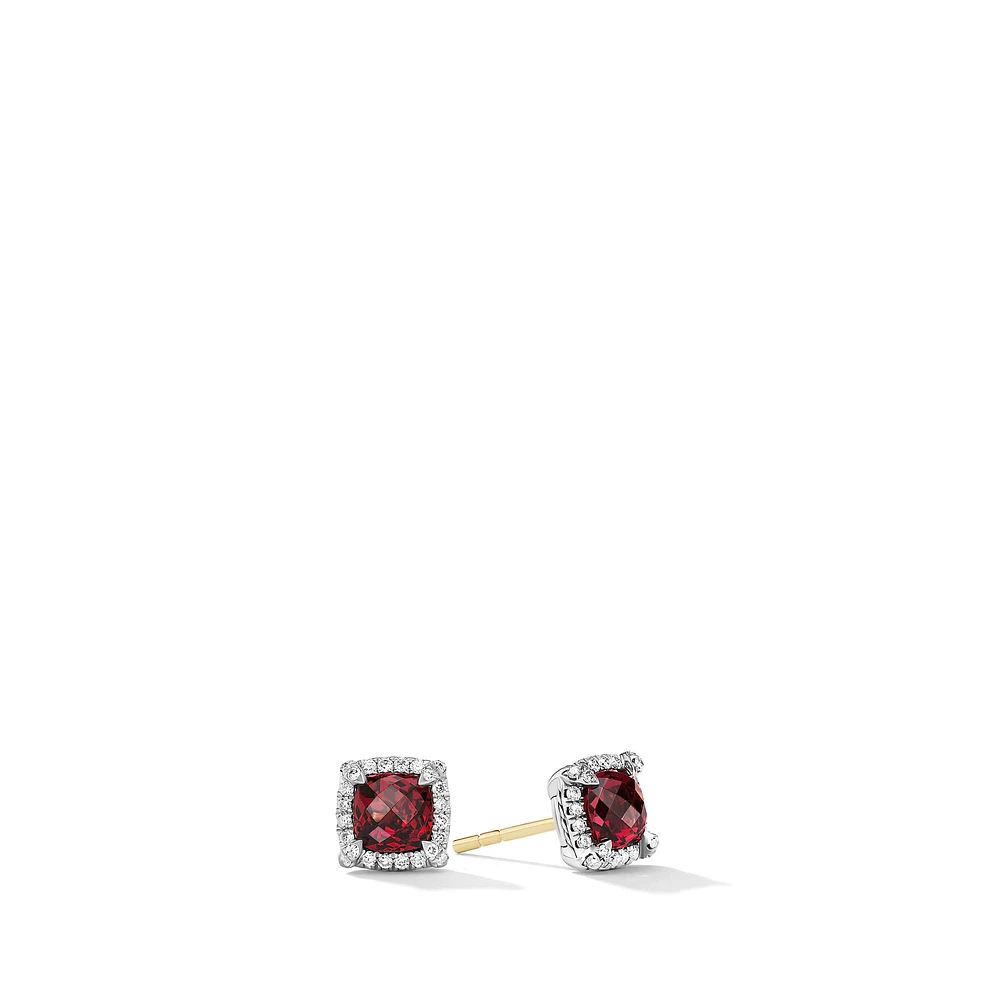 Petite Chatelaine Pavé Bezel Stud Earrings in Sterling Silver with Rhodolite Garnet and Diamonds, 5mm