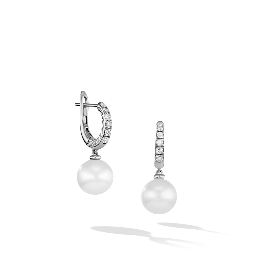 Pearl and Pavé Drop Earrings in Sterling Silver with Pearls and Diamonds, 15.6mm