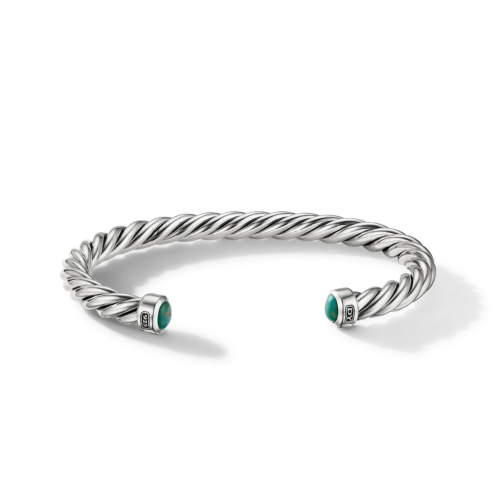 Cable Cuff Bracelet in Sterling Silver with Turquoise, 6mm