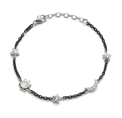 Sun, Moon and Stars Moonstone and White Sapphire Steel Chain Bracelet