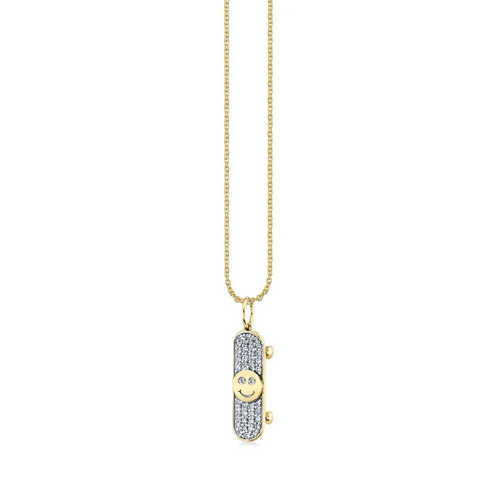 Kids Collection Gold & Diamond Happy Face Skateboard Necklace