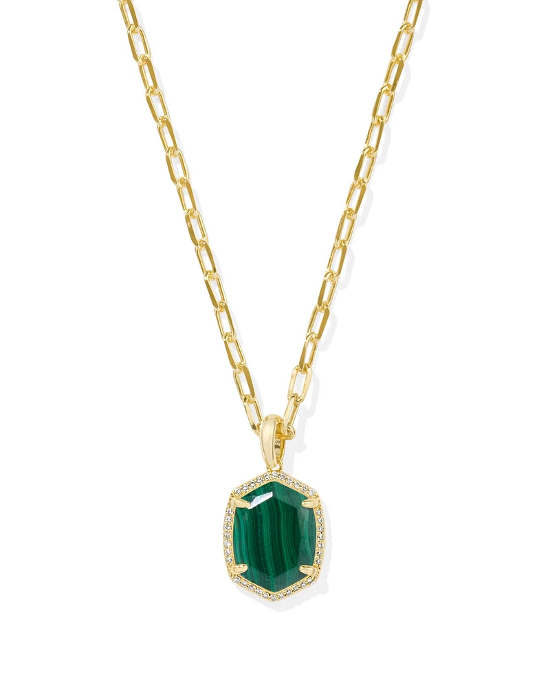 Daphne Gold Pave Frame Short Pendant Necklace Green Malachite