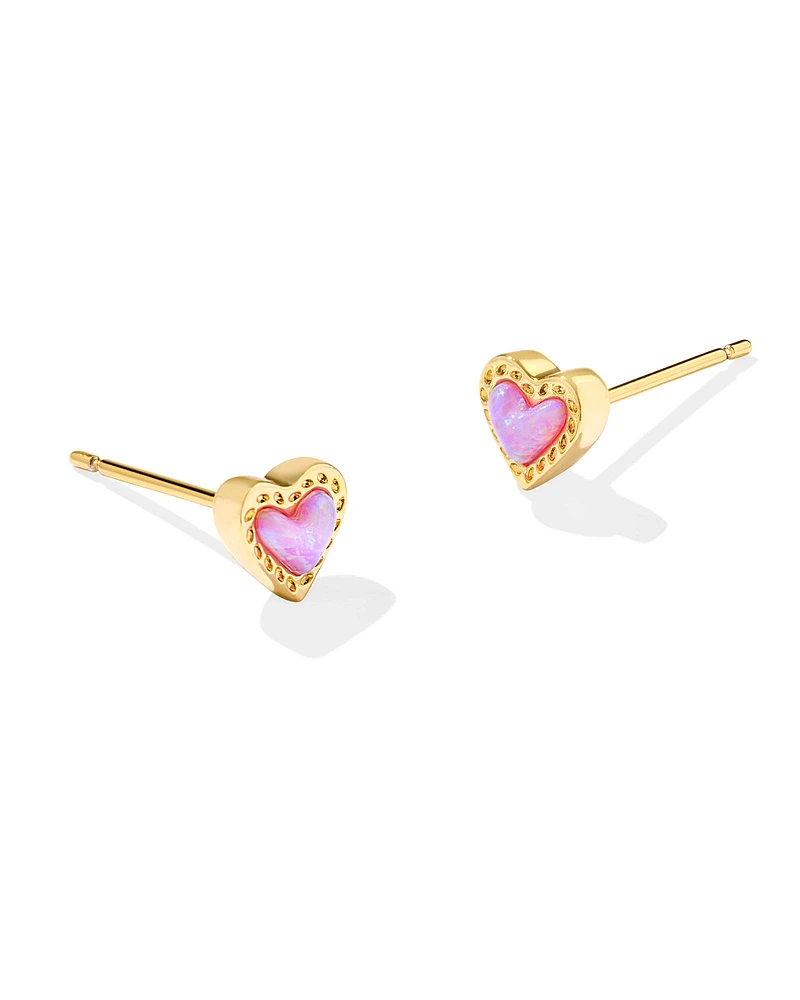 Mini Ari Heart Gold Stud Earrings Red Kyocera Opal