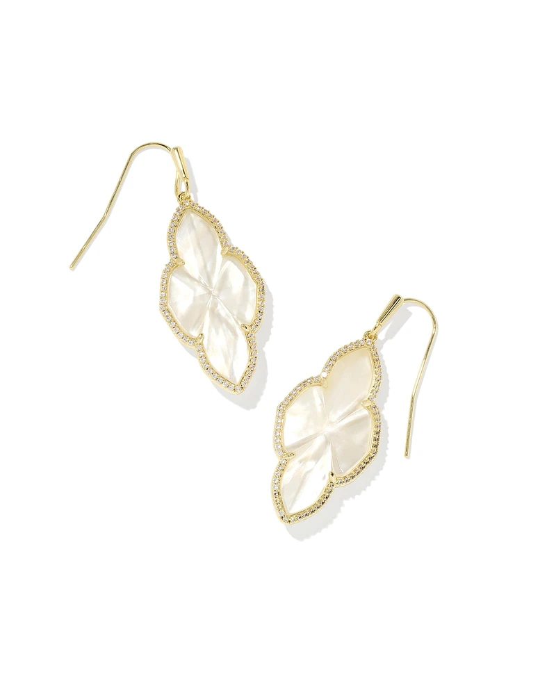 Abbie Gold Pave Frame Drop Earrings in Ivory Mother-of-Pearl