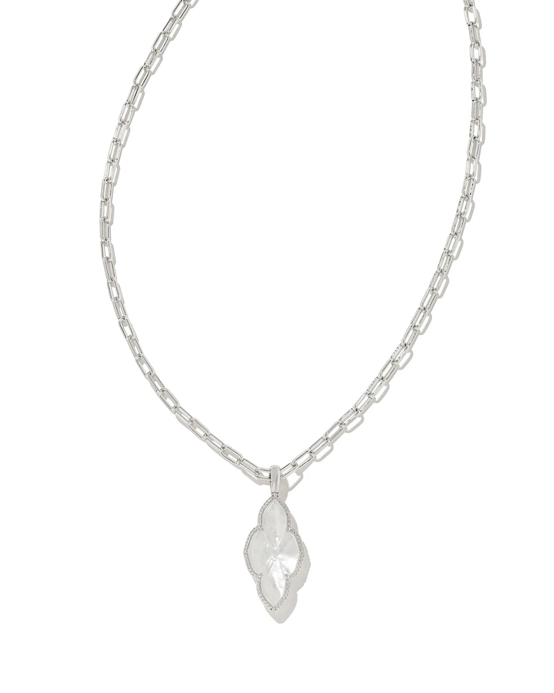 Abbie Silver Pave Frame Large Long Pendant Necklace in Ivory Mother-of-Pearl