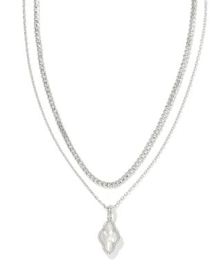 Abbie Silver Pave Frame Multi Strand Necklace in Ivory Mother-of-Pearl