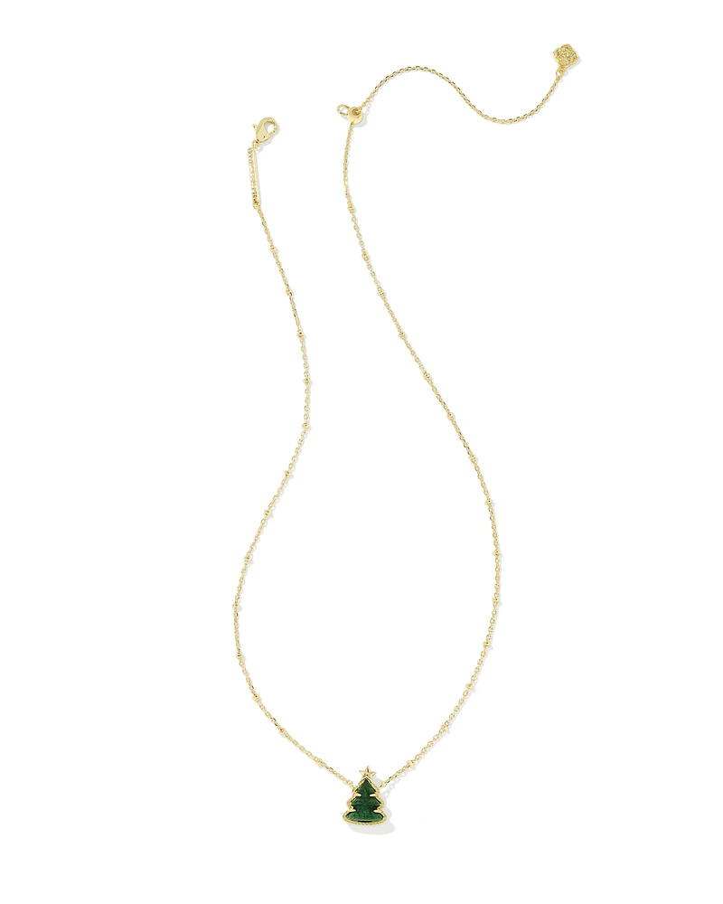 Holiday Tree Gold Short Pendant Necklace in Green Quartzite