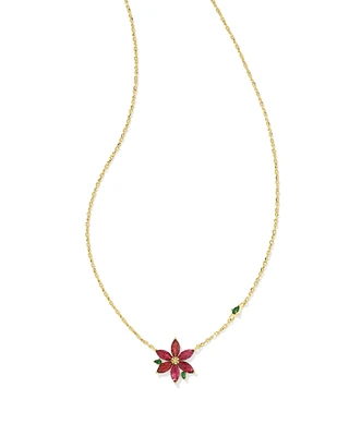 Poinsettia Gold Short Pendant Necklace in Red Mix