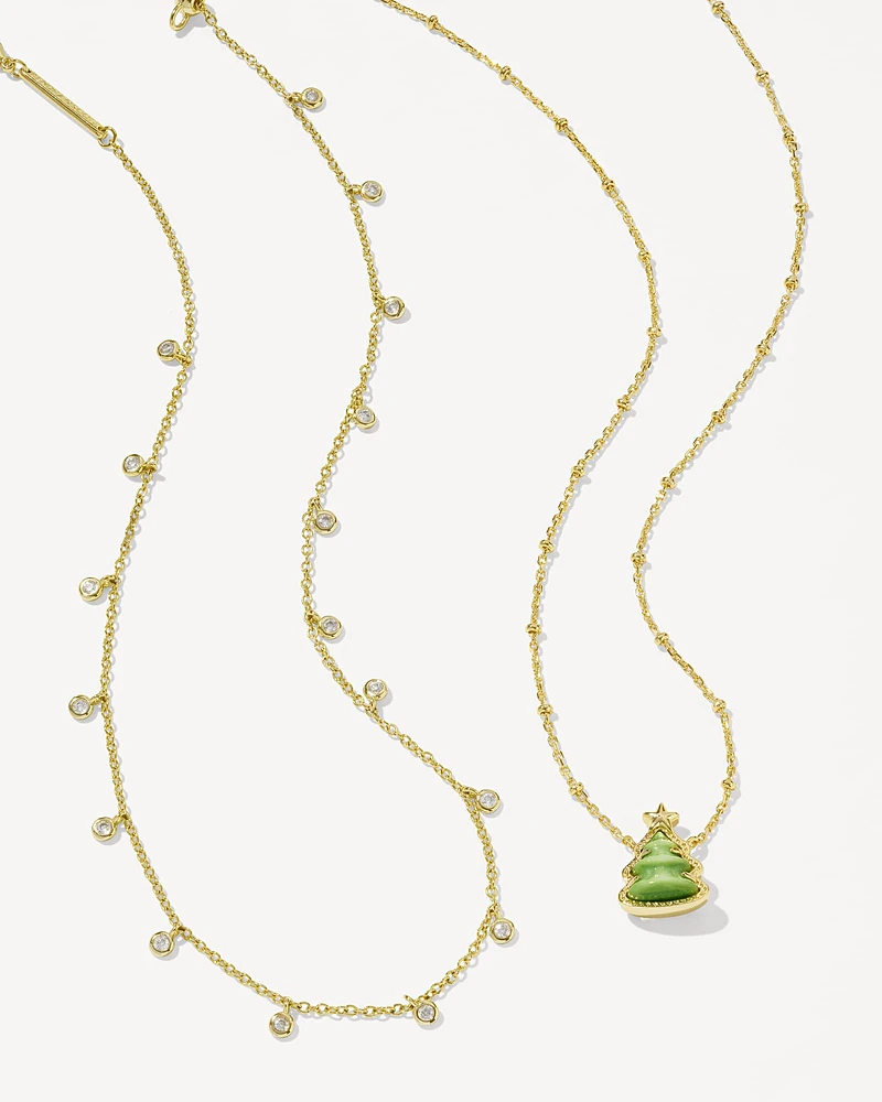 Holiday Tree Gold Short Pendant Necklace in Green Quartzite