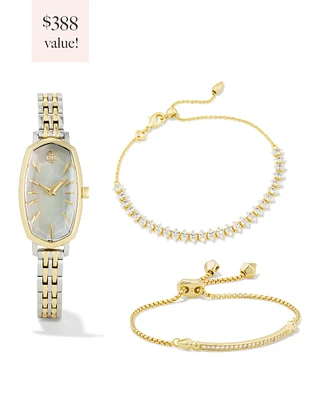 Faceted Two Tone Stainless Steel Elle Watch and Bracelet Gift Set in Ivory Mother-of-Pearl