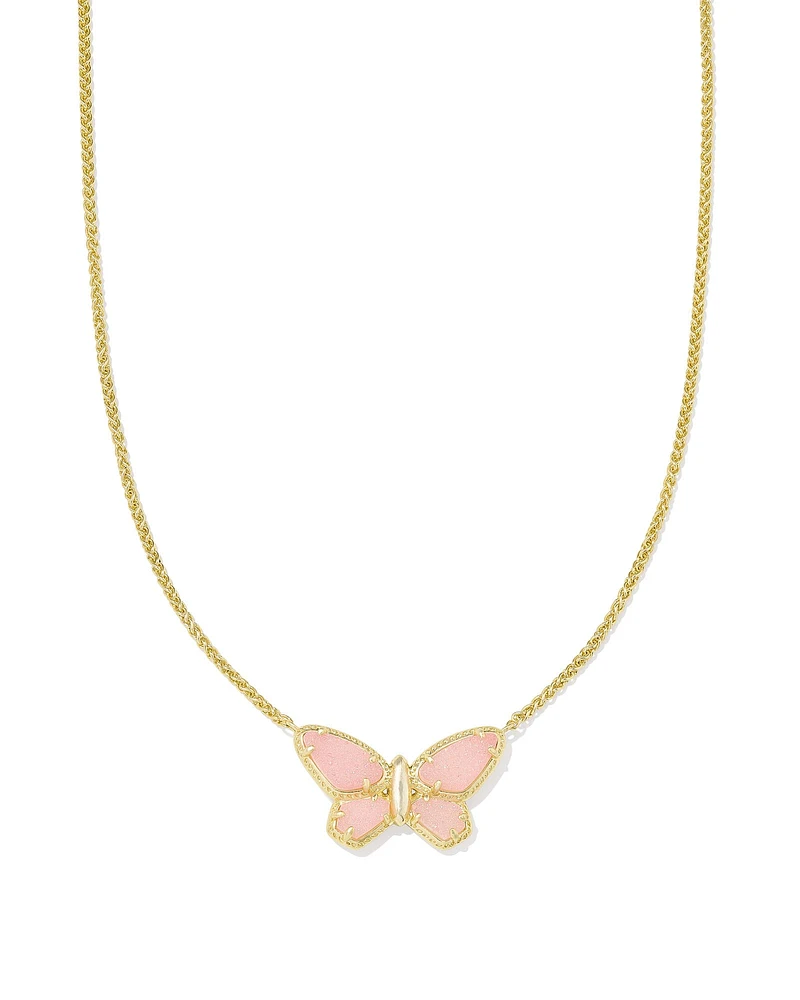 Dolly Parton x Kendra Scott Gold Butterfly Short Pendant Necklace in Light Pink Drusy