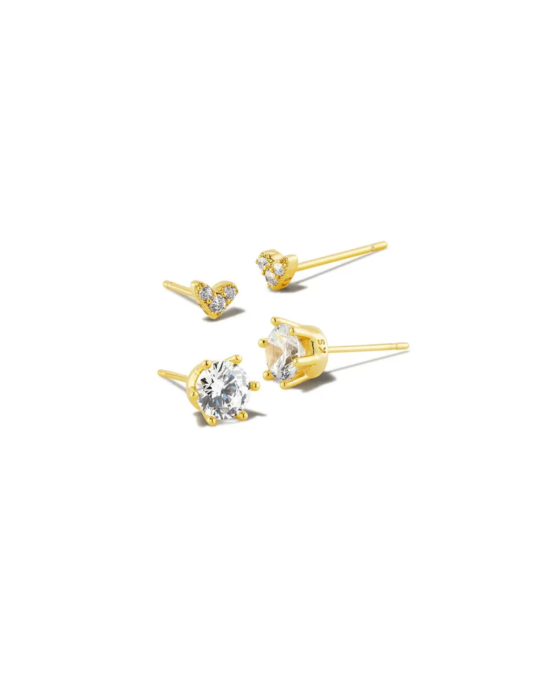 Haven Gold Stud Set of Two Earrings in White Crystal