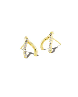 Wishbone Gold Stud Earrings in White Crystal