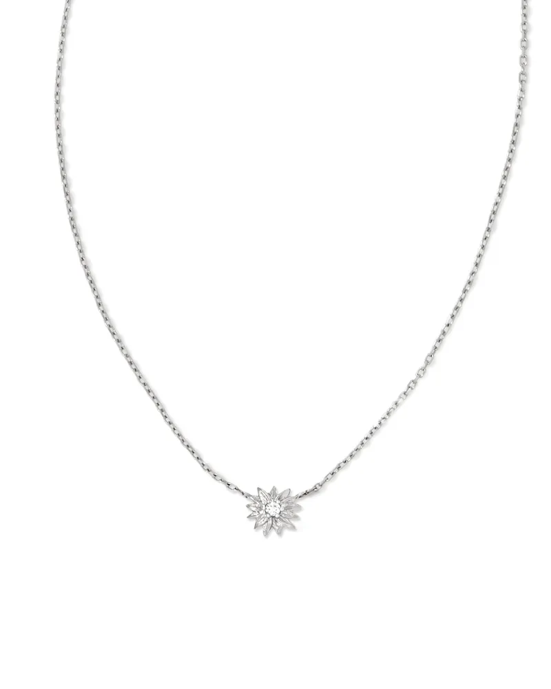 Tiny Flower 14k White Gold Pendant Necklace in White Diamond