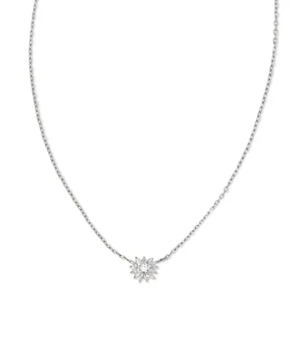 Tiny Flower 14k White Gold Pendant Necklace in White Diamond