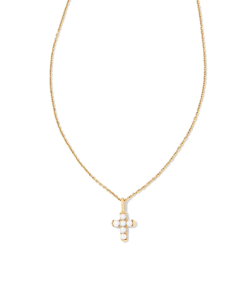 Pearl 14k Gold Cross Pendant Necklace in White Pearl